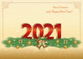 Merry Christmas and Happy New Year 2021. Festive background with fir branches and Christmas decorations. Royalty Free Stock Photo